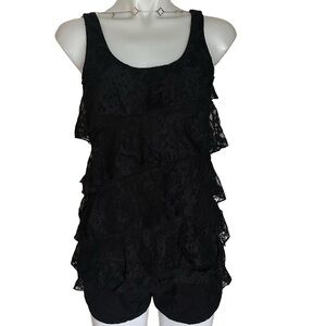 Summer Express Vintage Top Black Tiered Draped Lace Ruffles Black